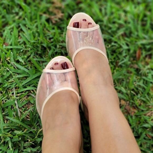 Clear Chunky Block Mid Heel Mule Sandals Nude Color - Picture 3 of 8